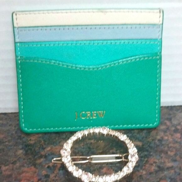 J. Crew Teal and Cream Card Holder And  J, Crew Gold RHINESTONE Barette....NEW - Picture 1 of 6
